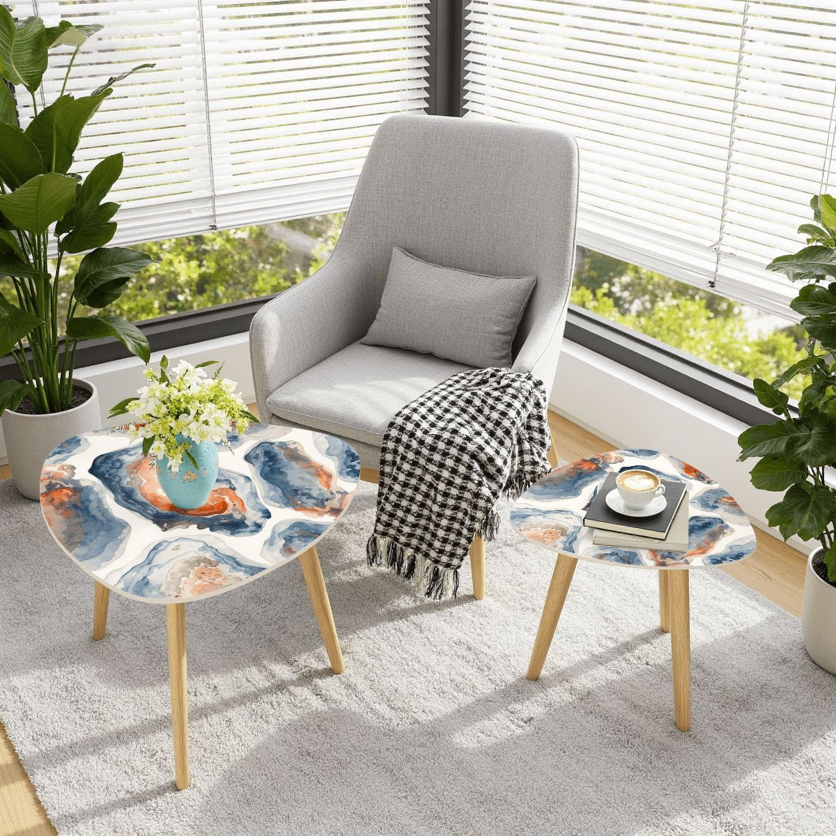 Watercolor Blue Oyster Modern Nesting Tables Triangle Coffee Table Set of 2 - Splash of Color Co.