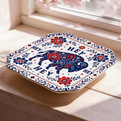 Hey Hey Hey Buffalo Football Fan Scalloped Ceramic Mahjong Dice Tray
