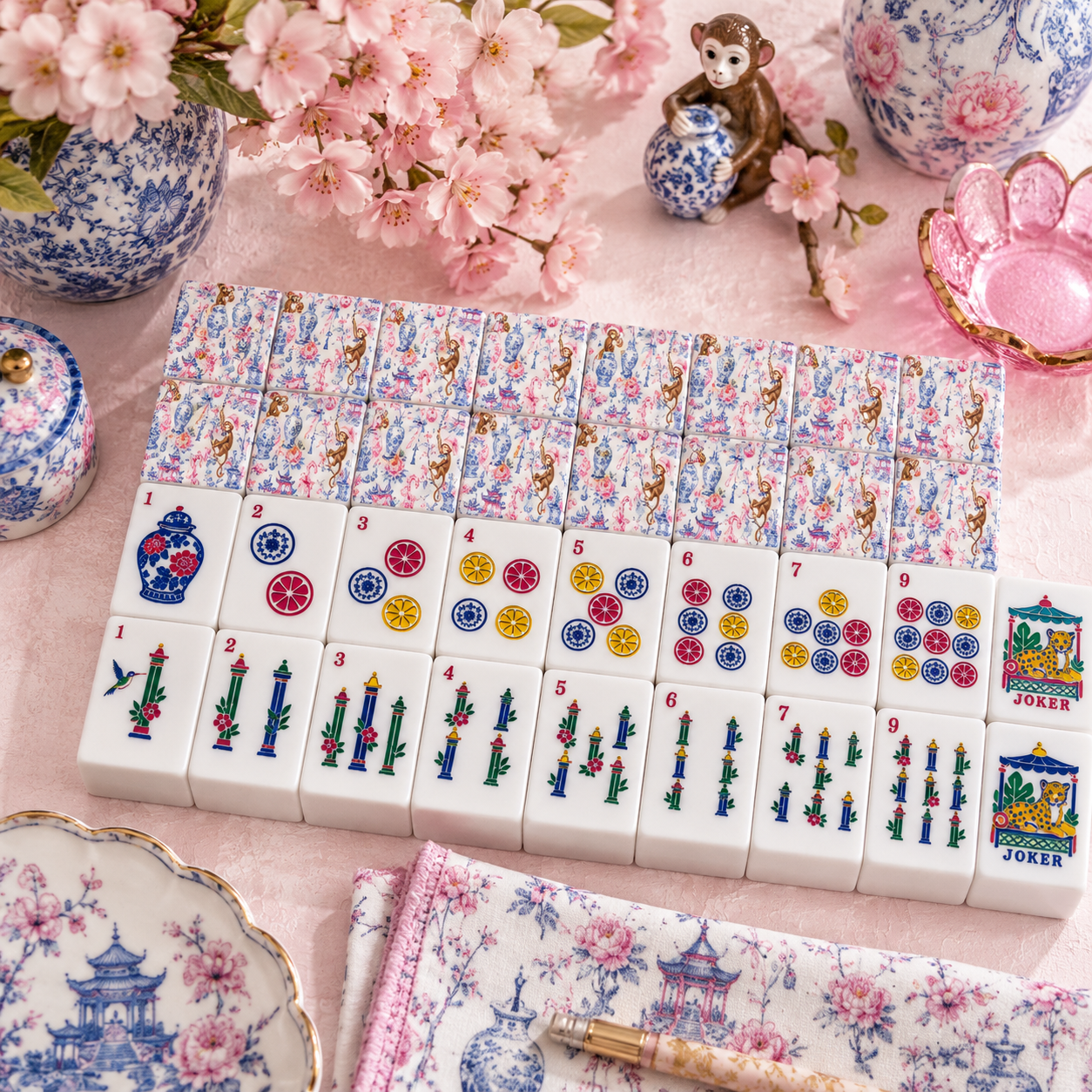 Monkey Elves Chinoiserie Pastel American Mahjong Tiles And Carry Case