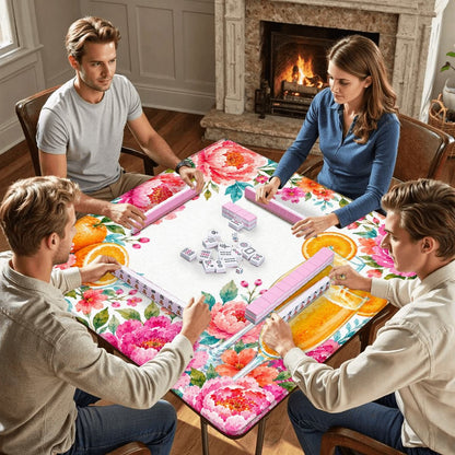 Mahjong And Mimosas Floral Pink And Orange Mahjong Mat - Splash Of Mahj And Color Co.