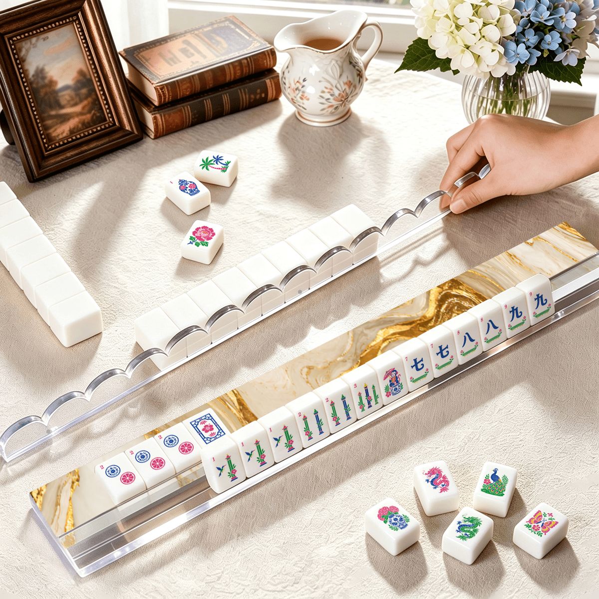 Gold Marbled Gilded Extended Mahjong Rack Set of 4 Scalloped Magnetic Tile Pusher - Splash Of Mahj And Color Co.