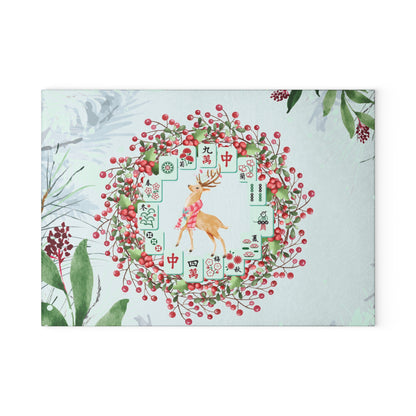 Mahjong Christmas Chacuterie Board, Festive Deer Glass Cutting Board