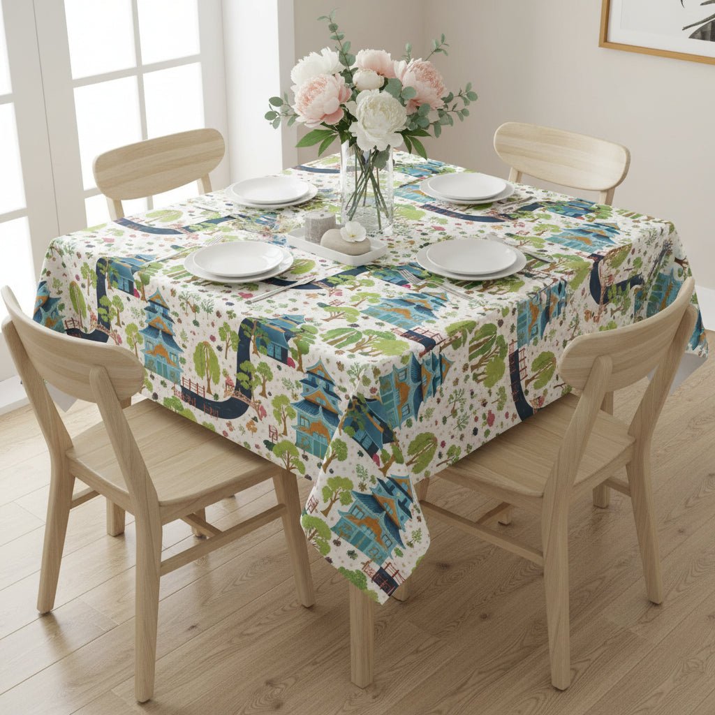 Chinoiserie Japanese Garden Mahjong Tablecloth — Pagoda & Cherry Blossom Scenic Print - Splash of Color Co.