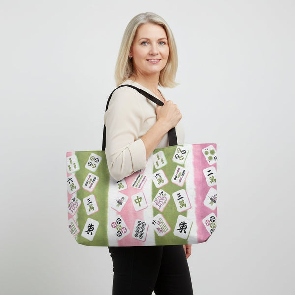 Mahjong Tiles And Accessories Preppy Pink Green Mahjong Pattern Tote Bag - Splash of Color Co.