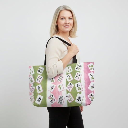 Mahjong Tiles And Accessories Preppy Pink Green Mahjong Pattern Tote Bag - Splash of Color Co.