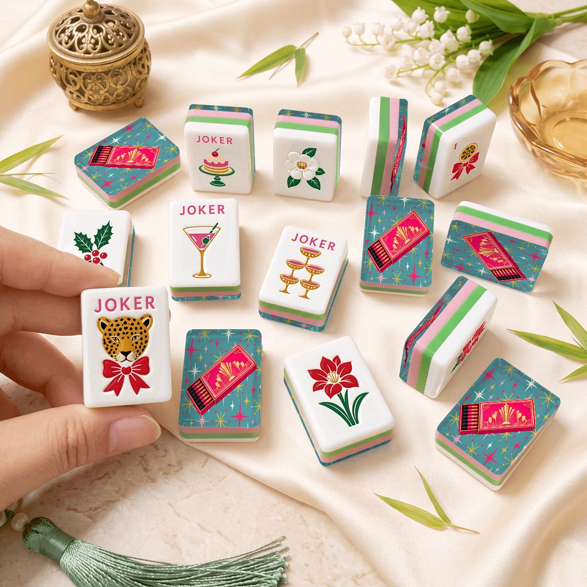 Art Deco Glam, Matchsticks 4Layer Luxe Holiday American Mahjong Tiles With Carry Case - Splash Of Mahj And Color Co.