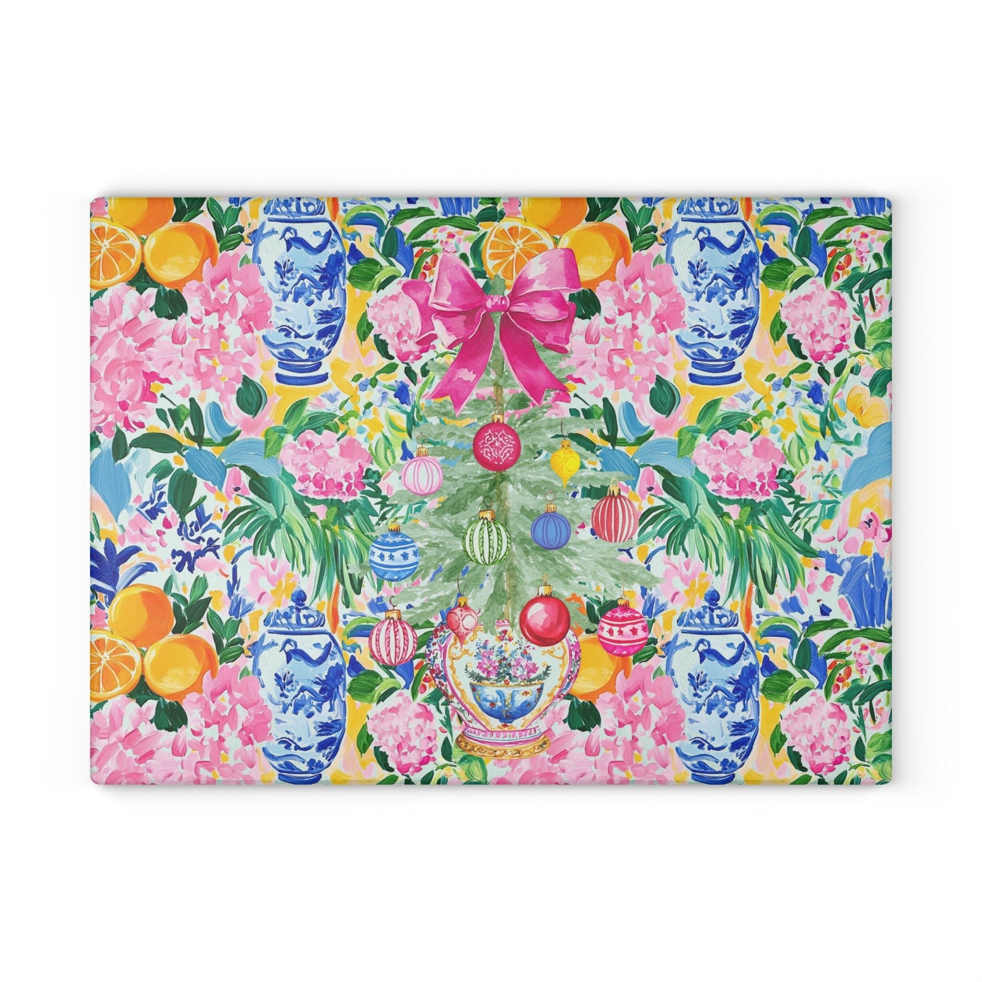 Christmas Chinoiserie Floral Festive Floral Glass Cutting Board - Holiday Kitchen Decor - Splash of Color Co.