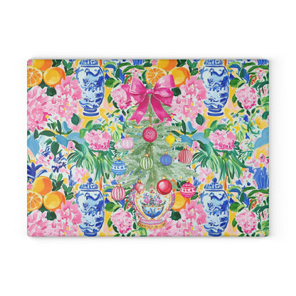 Christmas Chinoiserie Floral Festive Floral Glass Cutting Board - Holiday Kitchen Decor - Splash of Color Co.