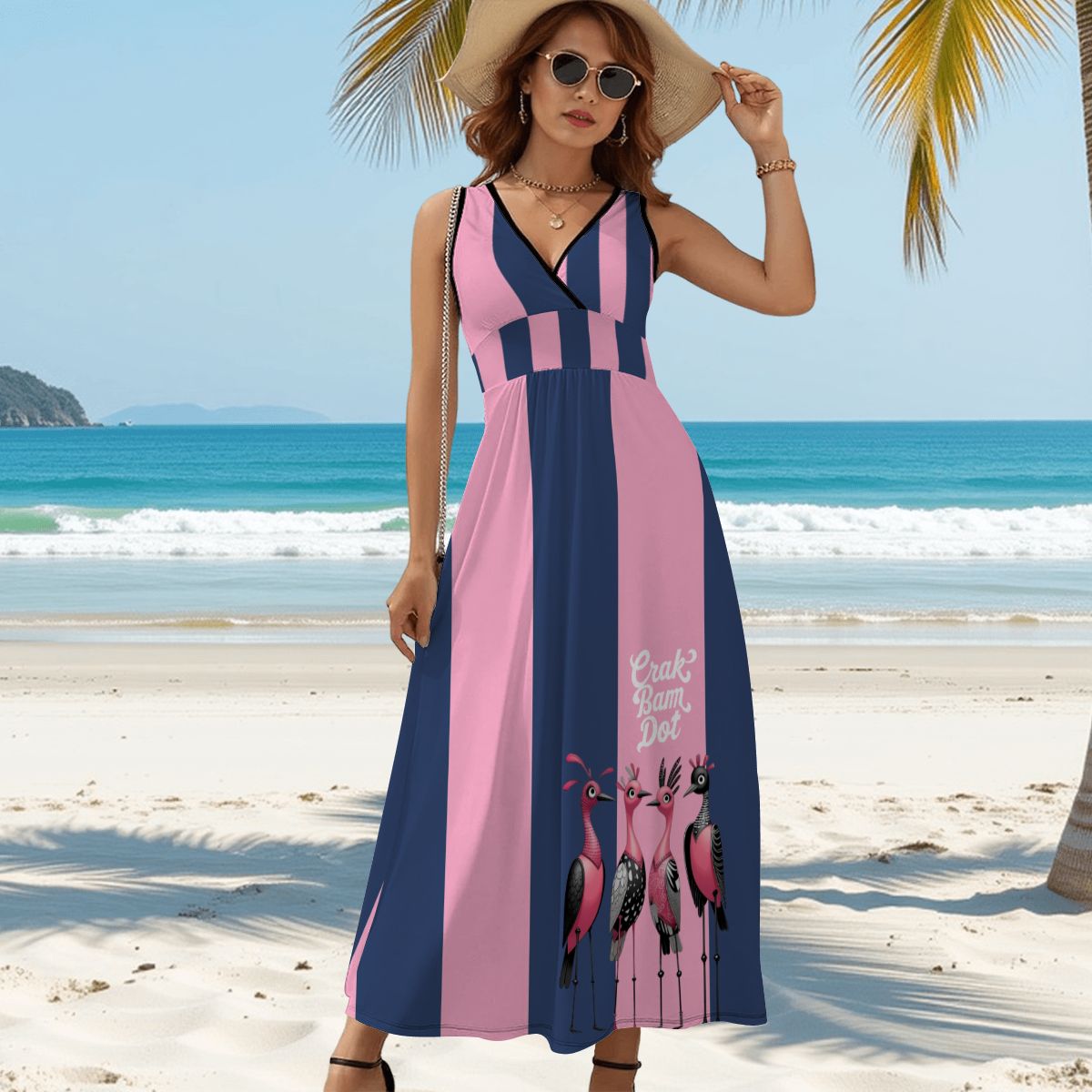 Preppy Navy Blue Pink Striped Mod Mahjong Summer Sleeveless Maxi Dress - Splash of Color Co.