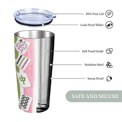 Mahjong Green And Pink Striped Stainless Steel Insulated Tumblers with Lid & Straw (20oz)