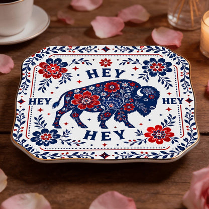 Hey Hey Hey Buffalo Football Fan Scalloped Ceramic Mahjong Dice Tray