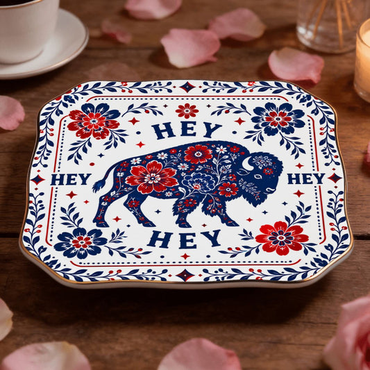 Hey Hey Hey Buffalo Football Fan Scalloped Ceramic Mahjong Dice Tray - Splash Of Mahj And Color Co.