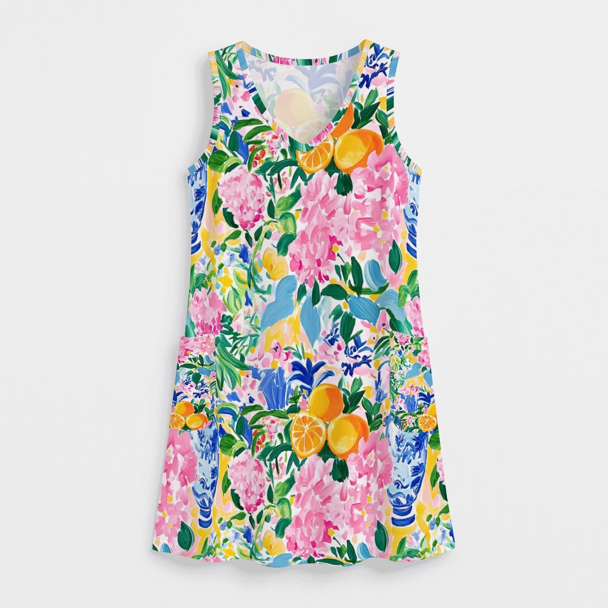 Citrus Sunshine Preppy Floral Women's Sleeveless Dress with Pockets - Splash of Color Co.