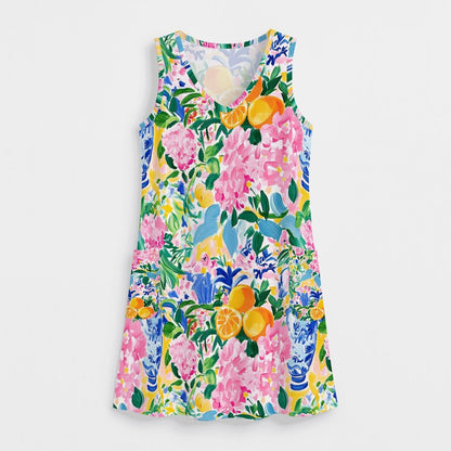 Citrus Sunshine Preppy Floral Women's Sleeveless Dress with Pockets - Splash of Color Co.