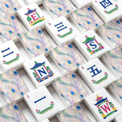 Iridescent Peacock Feathers Chinoiserie Engraved Mahjong Tiles With Carry Case