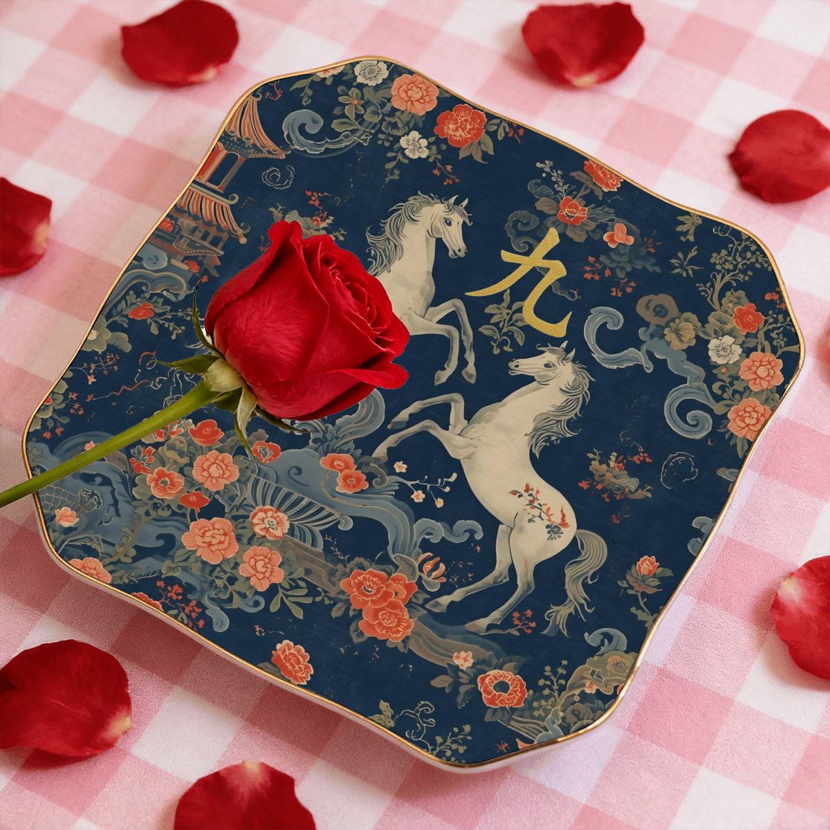 Year Of The Firehorse Scalloped Ceramic Mahjong Dice Tray