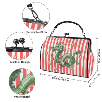 Preppy Coral Striped Green Dragon Kisslock Handbag, Shoulder Bag