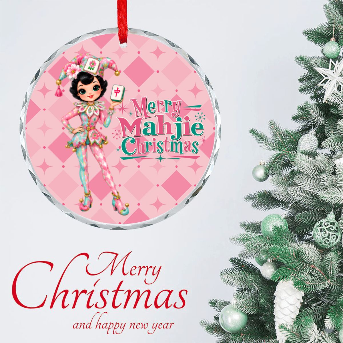 Merry Mahjie Christmas Pink Harlequin Round Glass Christmas Ornament