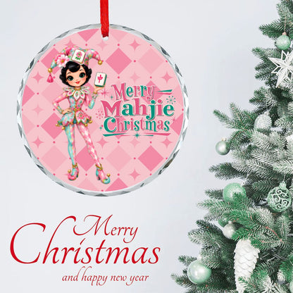 Merry Mahjie Christmas Pink Harlequin Round Glass Christmas Ornament
