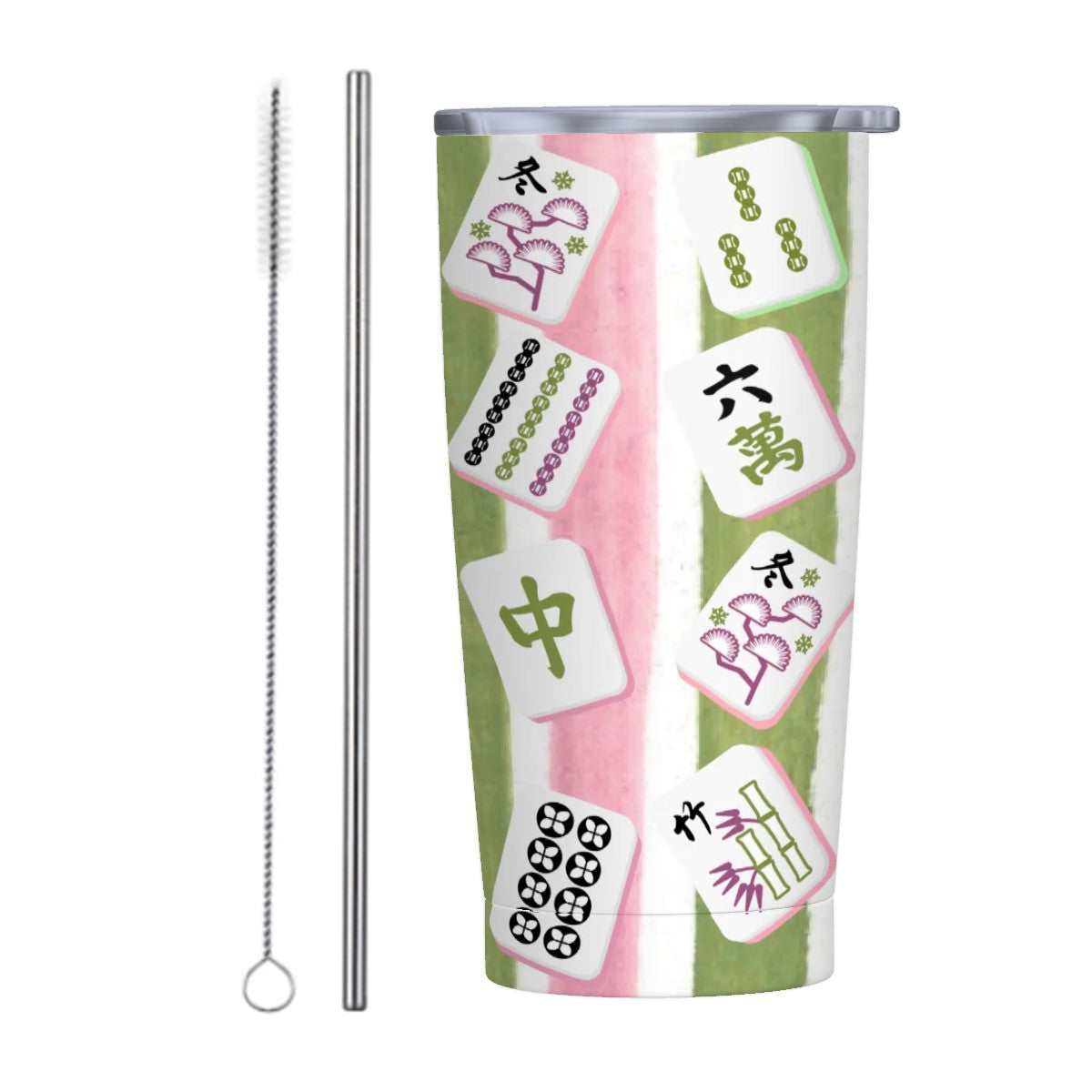 Mahjong Green And Pink Striped Stainless Steel Insulated Tumblers with Lid & Straw (20oz)