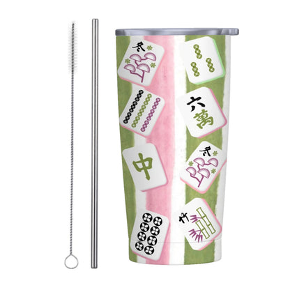 Mahjong Green And Pink Striped Stainless Steel Insulated Tumblers with Lid & Straw (20oz)