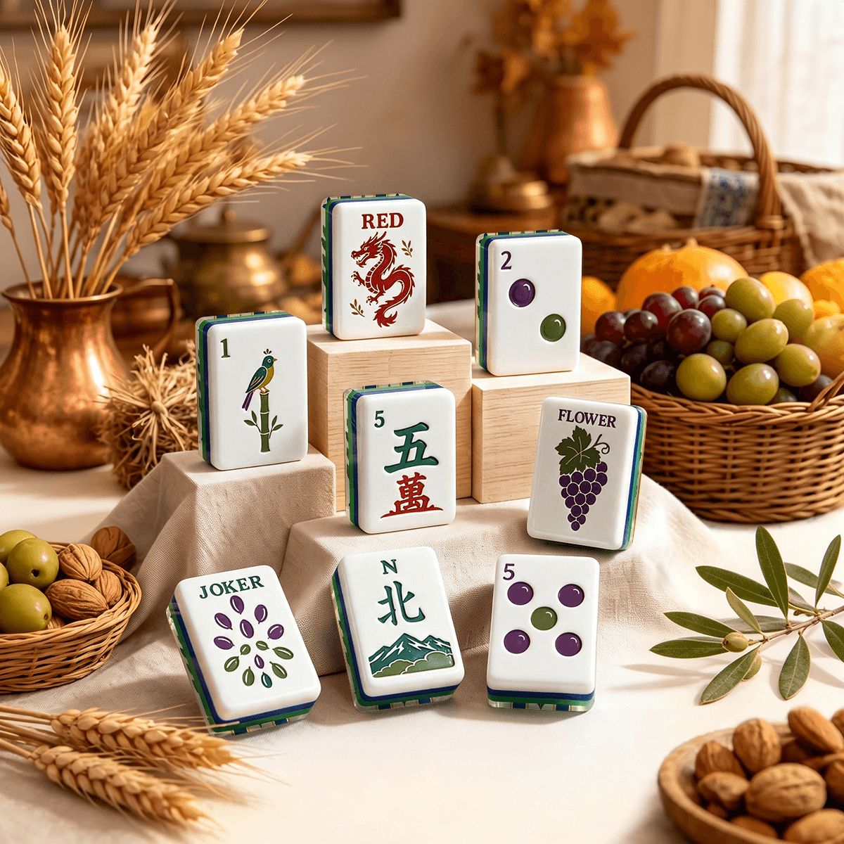 Tuscan Mediterranean Olive Grove Botanical American Mahjong Tiles With Carry Case - Splash Of Mahj And Color Co.