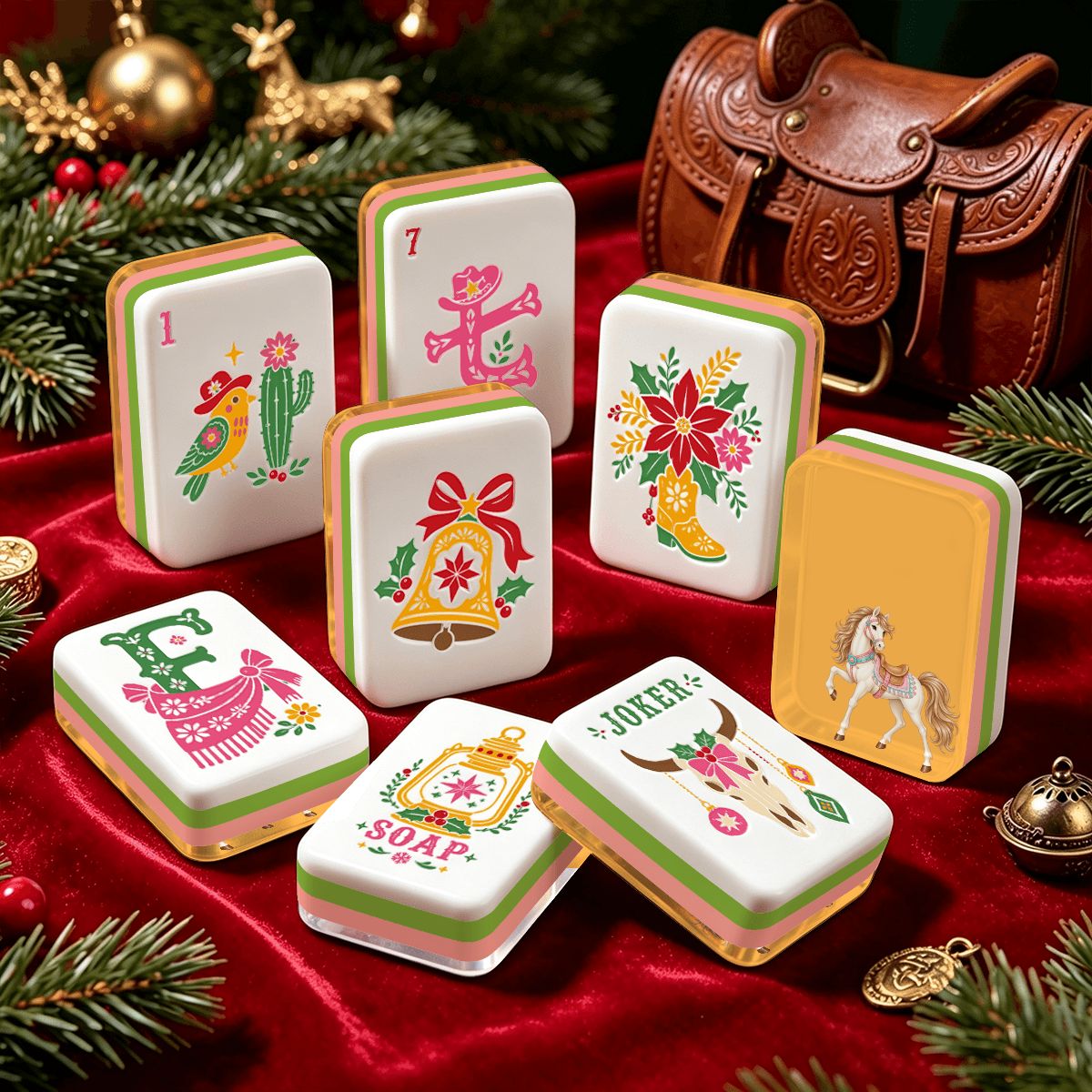 Holiday Ho Down Western Christmas Mahjong Tiles Layered And Engraved