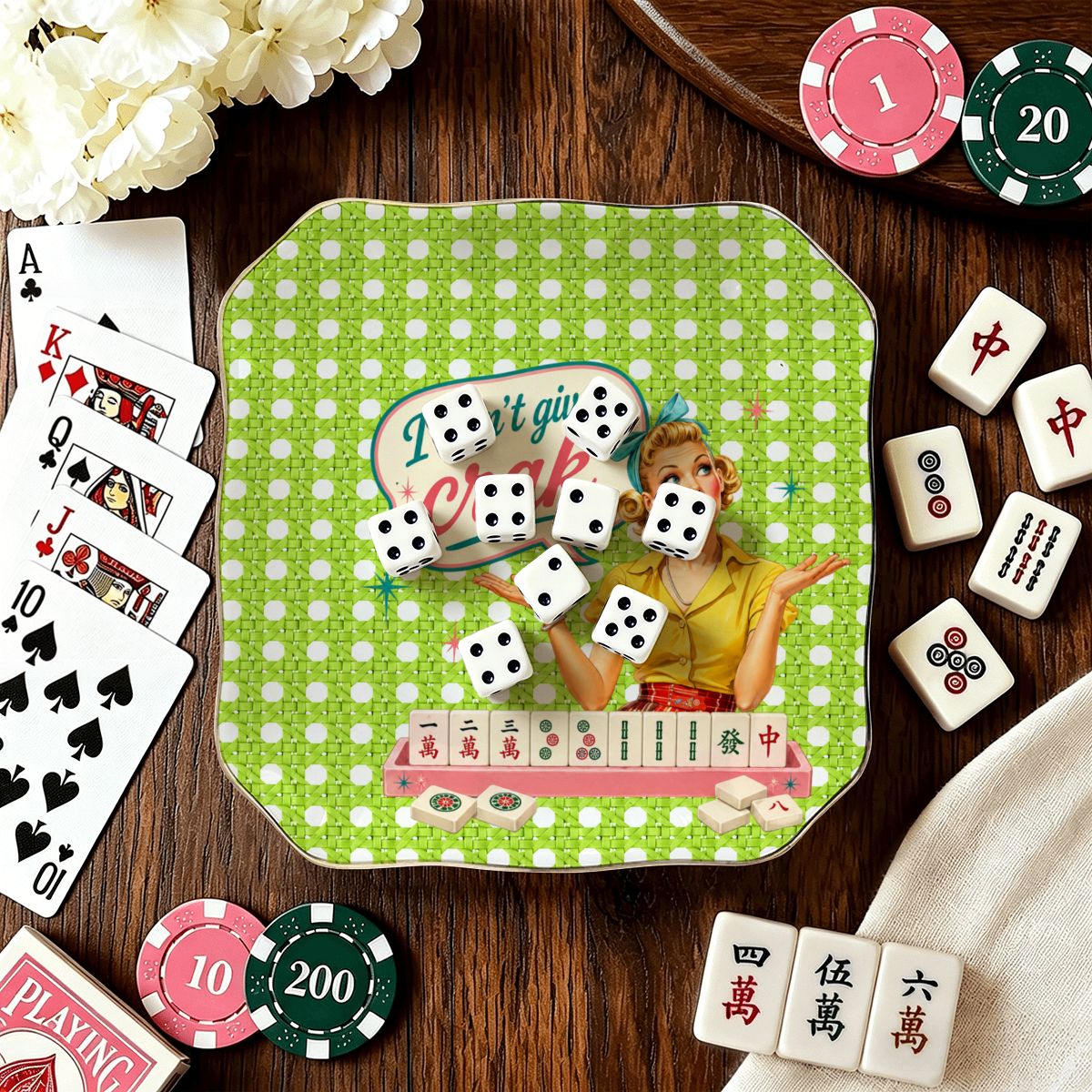 Funny Mahjong Dice Tray, Scalloped Ceramic, Limoncello I Don't Give A Crak - Splash Of Mahj And Color Co.