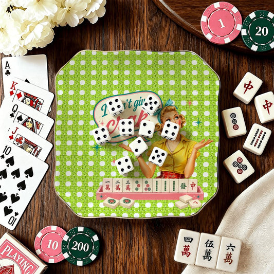 Funny Mahjong Dice Tray, Scalloped Ceramic, Limoncello I Don't Give A Crak - Splash Of Mahj And Color Co.
