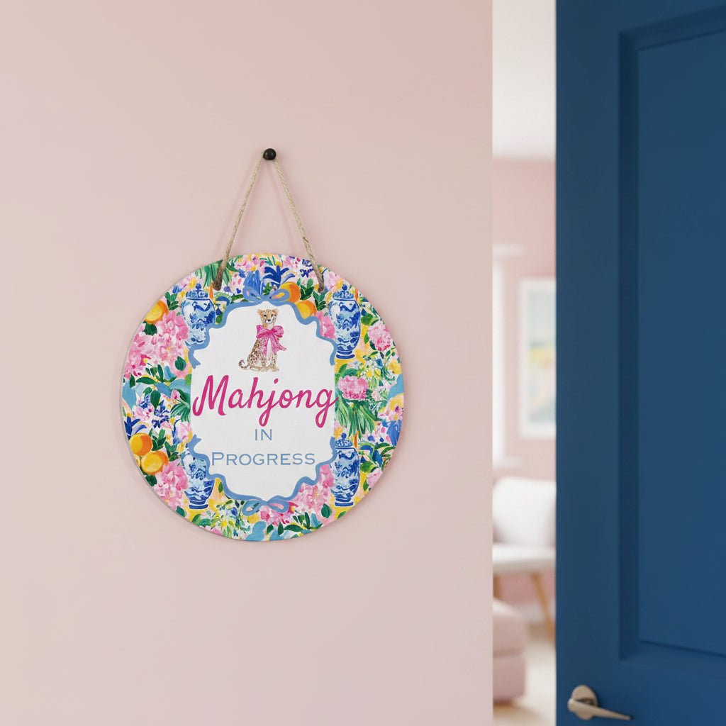 Mahjong In Progress Pretty Floral Chinoiserie Designed Round Sign - Splash of Color Co.