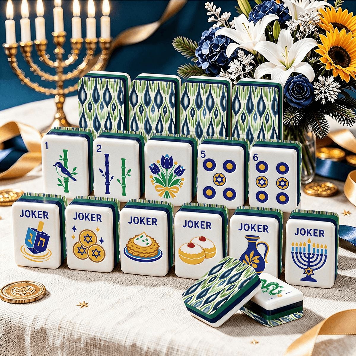 Ikat Watercolor Blue And Green Hanukkah Mahjong Tiles And Carry Case - Splash Of Mahj And Color Co.