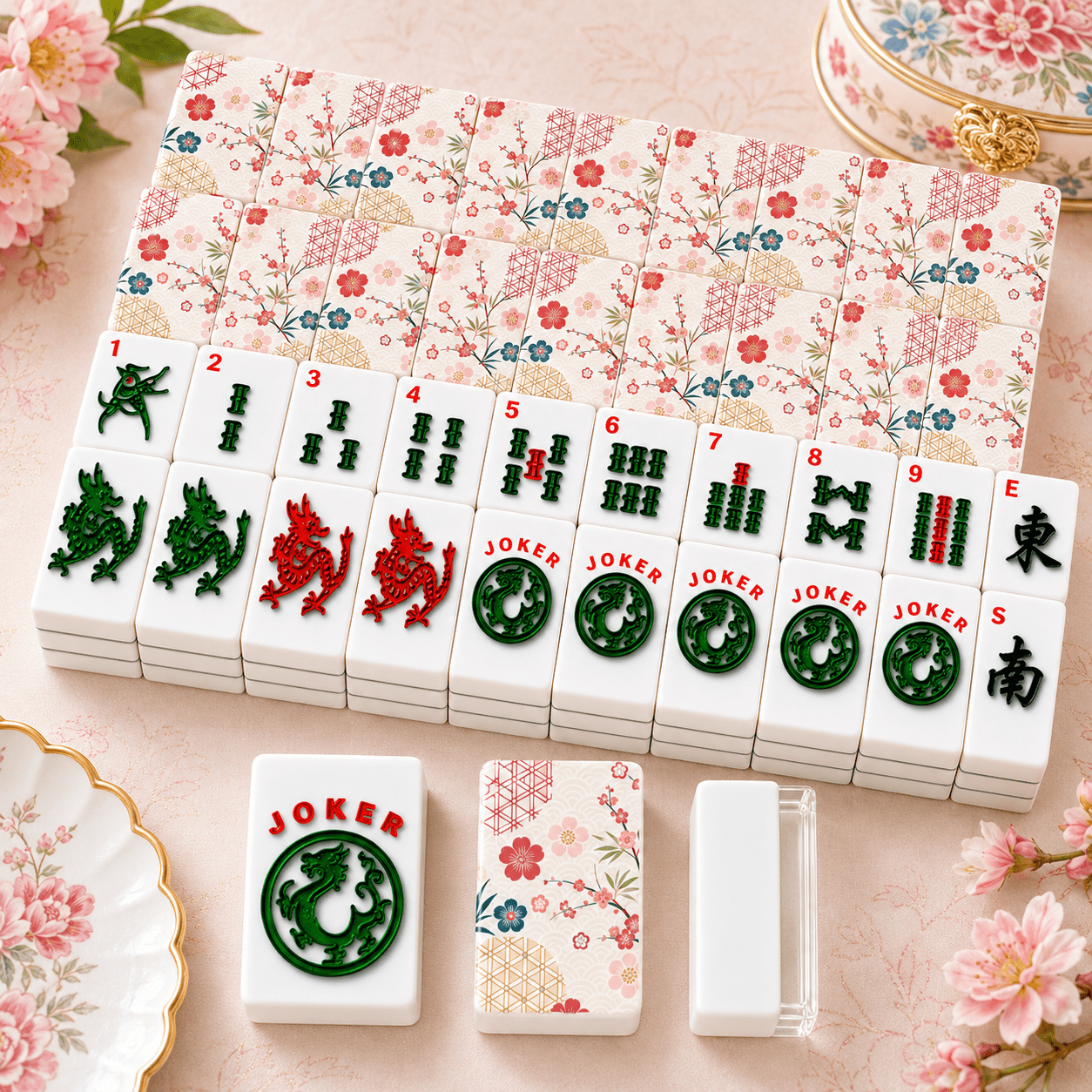 Asian Floral Cherry Blossom American Mahjong Tiles And Carry Case - Splash Of Mahj And Color Co.