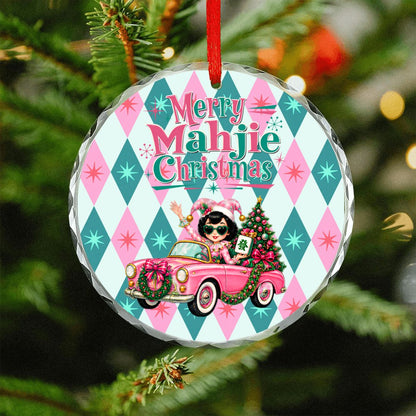 Merry Mahjie Christmas Pink And Teal Harlequin Round Glass Christmas Ornament
