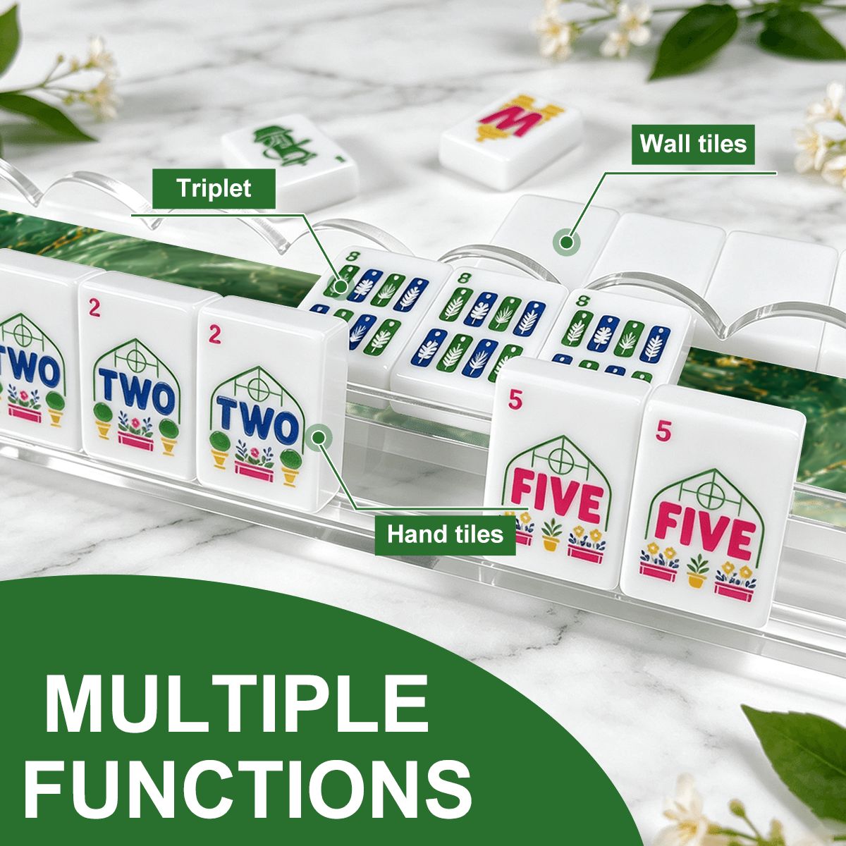 Dark Jade Marbled Extended Mahjong Rack Set of 4 Scalloped Magnetic Tile Pusher 20' - Splash Of Mahj And Color Co.