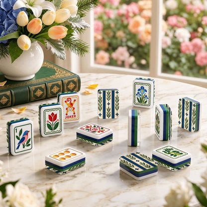 Modern Floral Green And Blue Folk American Mahjong Tiles  4 Layer And Carry Case