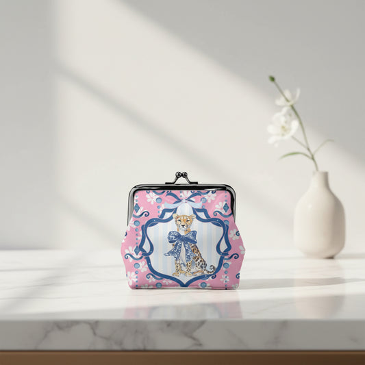 Charleston Cheetah Preppy Pink Women's Leather Kiss Lock Coin Purse - Splash of Color Co.