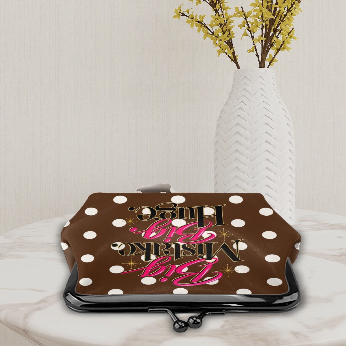 Brown And White Polka Dot, Funny Big Mistake Women's Leather Kiss Lock Coin Purse - Splash Of Mahj And Color Co.