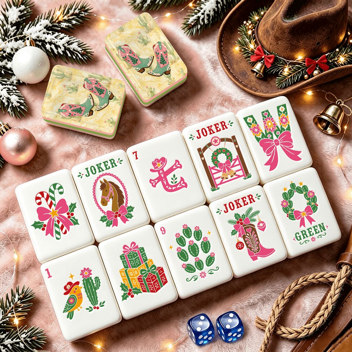 Country Girl Cowboy Boots Pastel Watercolor Yellow Western Christmas Mahjong Tiles And Carry Case - Splash Of Mahj And Color Co.