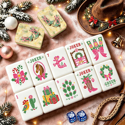 Country Girl Cowboy Boots Pastel Watercolor Yellow Western Christmas Mahjong Tiles And Carry Case - Splash Of Mahj And Color Co.