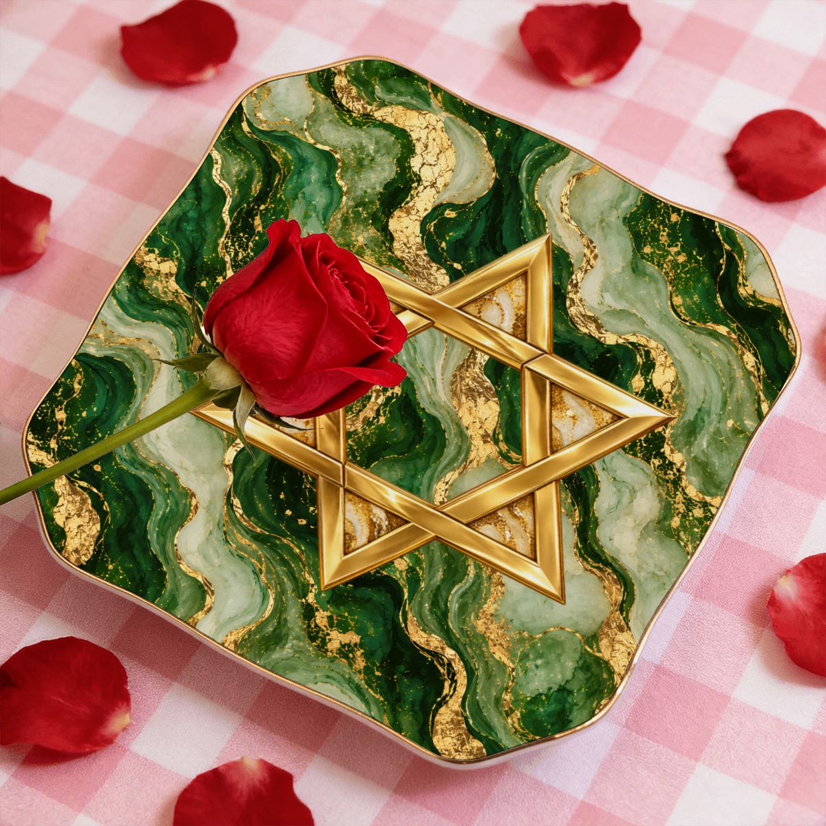 Gold Glitz Marbled Green Star Of David Scalloped Ceramic Mahjong Dice Tray - Splash Of Mahj And Color Co.