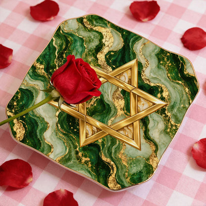 Gold Glitz Marbled Green Star Of David Scalloped Ceramic Mahjong Dice Tray - Splash Of Mahj And Color Co.