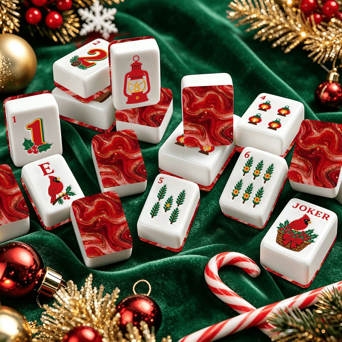 Red Marbled Christmas Cardinal American Engraved Mahjong Tiles And Carry Case