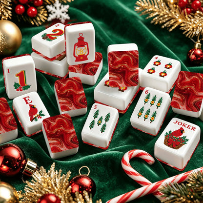 Red Marbled Christmas Cardinal American Engraved Mahjong Tiles And Carry Case