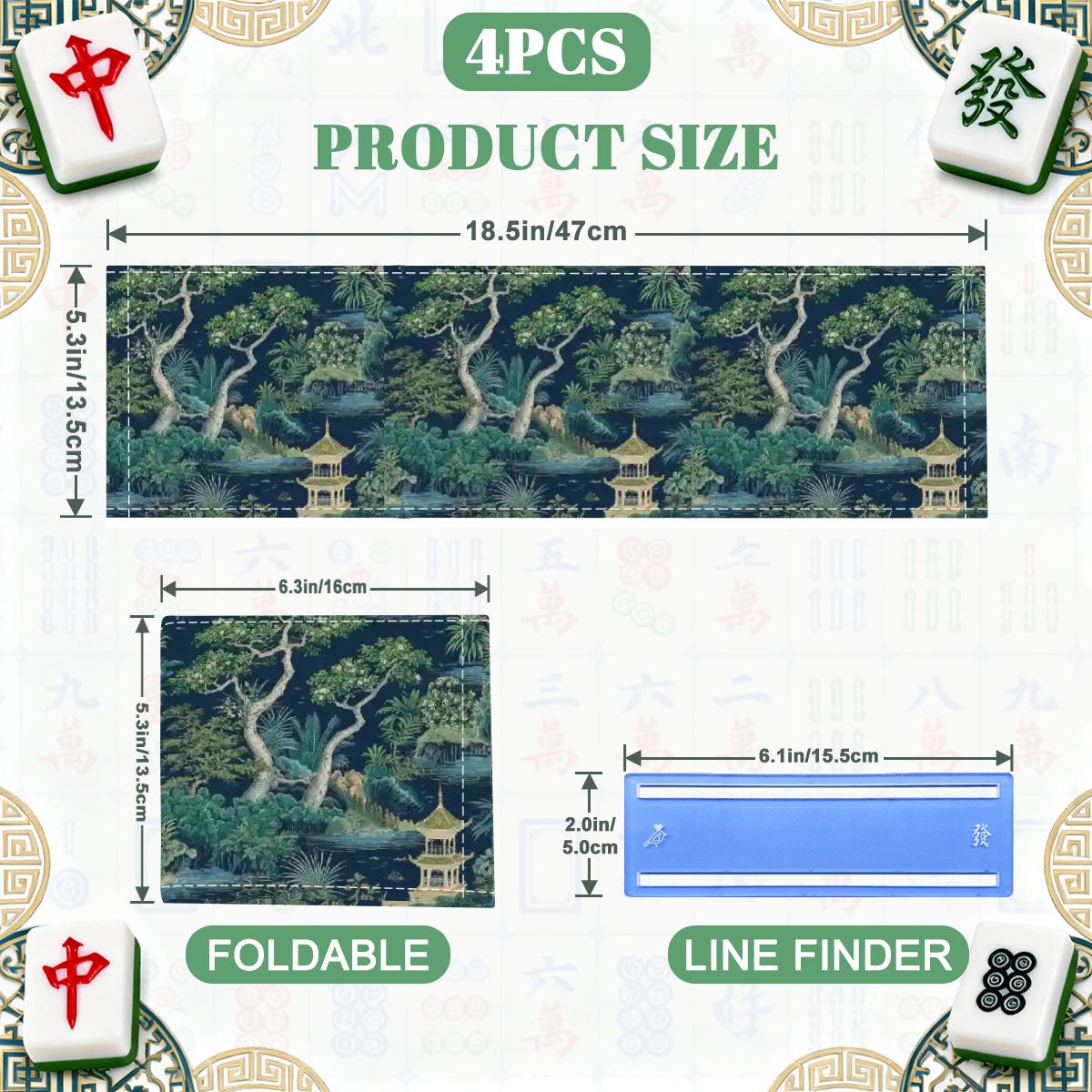 Asian Zen Garden Chinoiserie Blue, Green Designed 4 Mahjong Card Holder with Line Finder - Splash of Color Co.