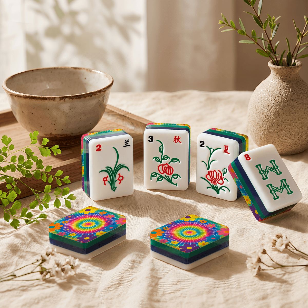 Psychedelic Tie-Dye 4-Layer American Mahjong Tiles – Blue & Green with Carry Case - Splash Of Mahj And Color Co.