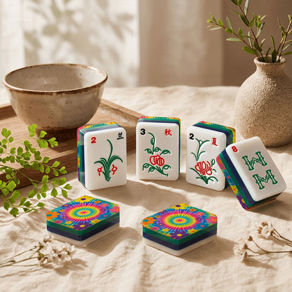 Psychedelic Tie-Dye 4-Layer American Mahjong Tiles – Blue & Green with Carry Case - Splash Of Mahj And Color Co.