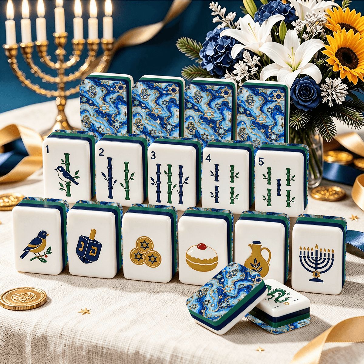 The Gilded Hamsa Heritage Hanukkah Mahjong Tiles And Carry Case