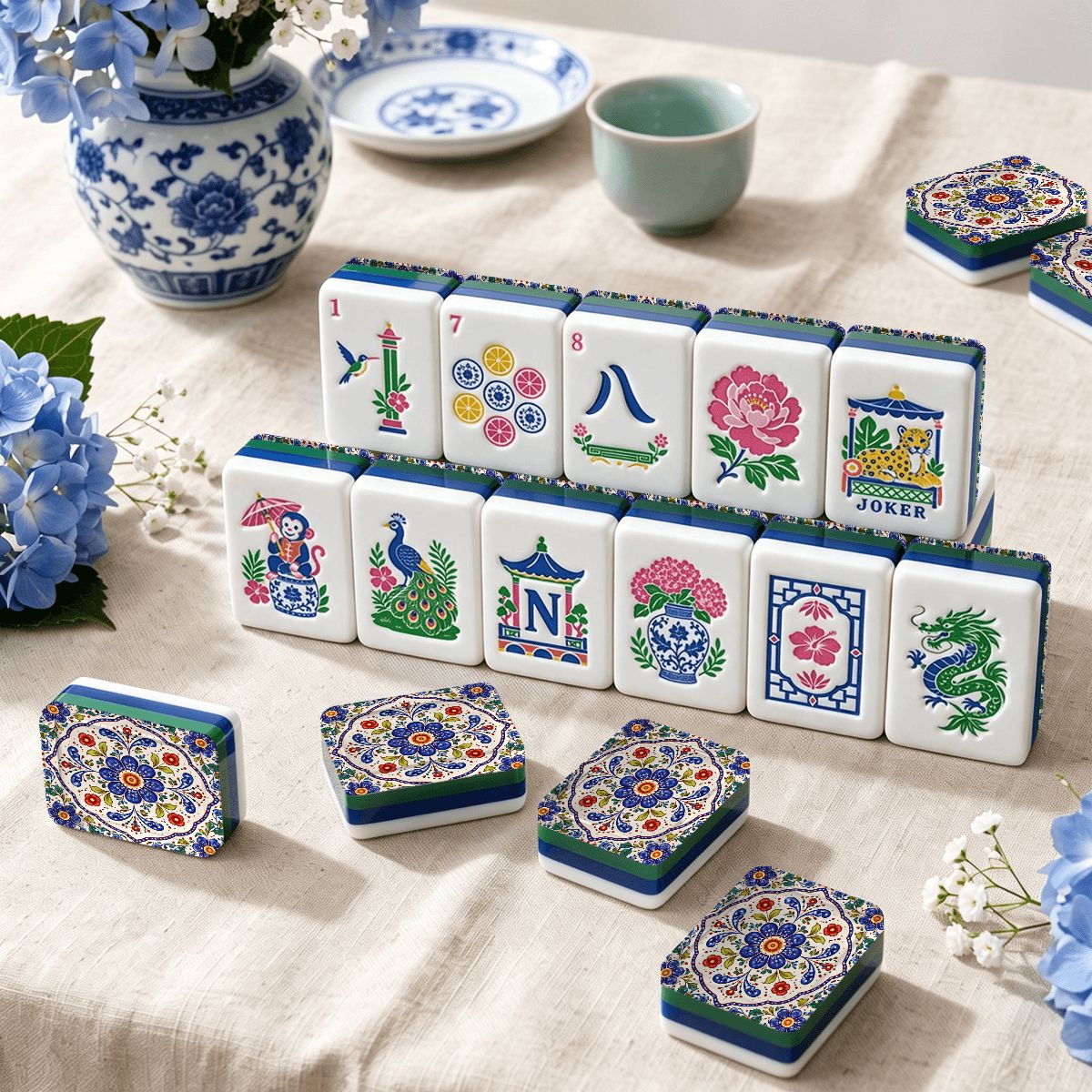 Blue Polish Pottery Porcelain Chinoiserie Chic American Mahjong Tiles And Carry Case