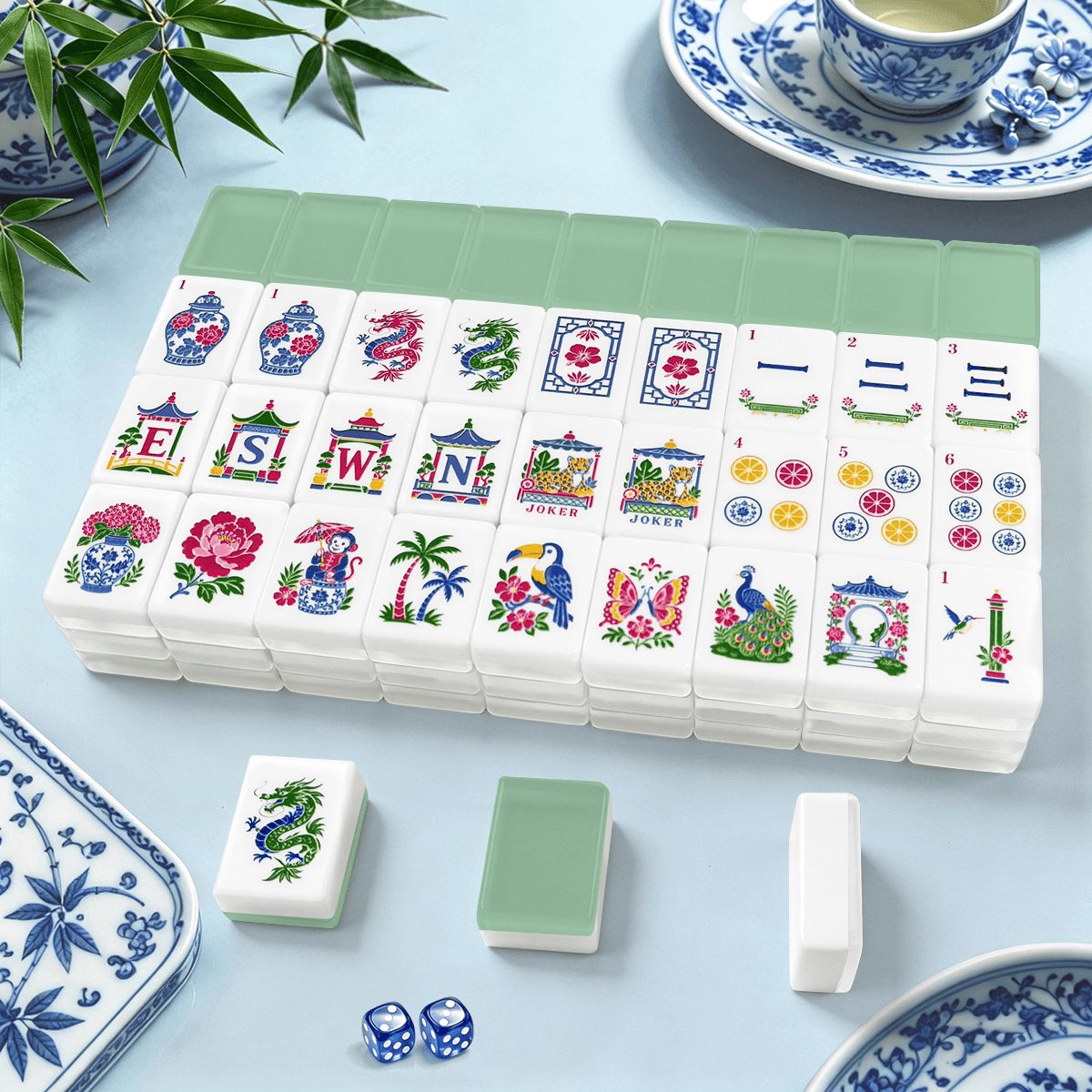 Mint Green Chinoiserie American Mahjong Tiles And Carry Case - Splash Of Mahj And Color Co.