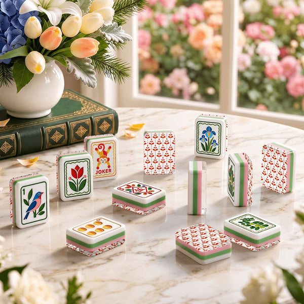Scandinavian Red Flower Modern Folk American Mahjong Tiles 4 Layer Acrylic With Carry Case - Splash Of Mahj And Color Co.
